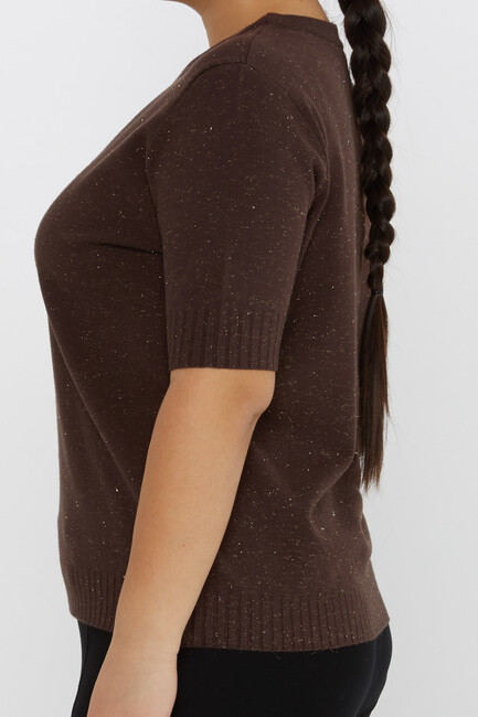 Women's Knitwear Glitter Detail Short Sleeve Brown - 31634 | KAZEE - Thumbnail