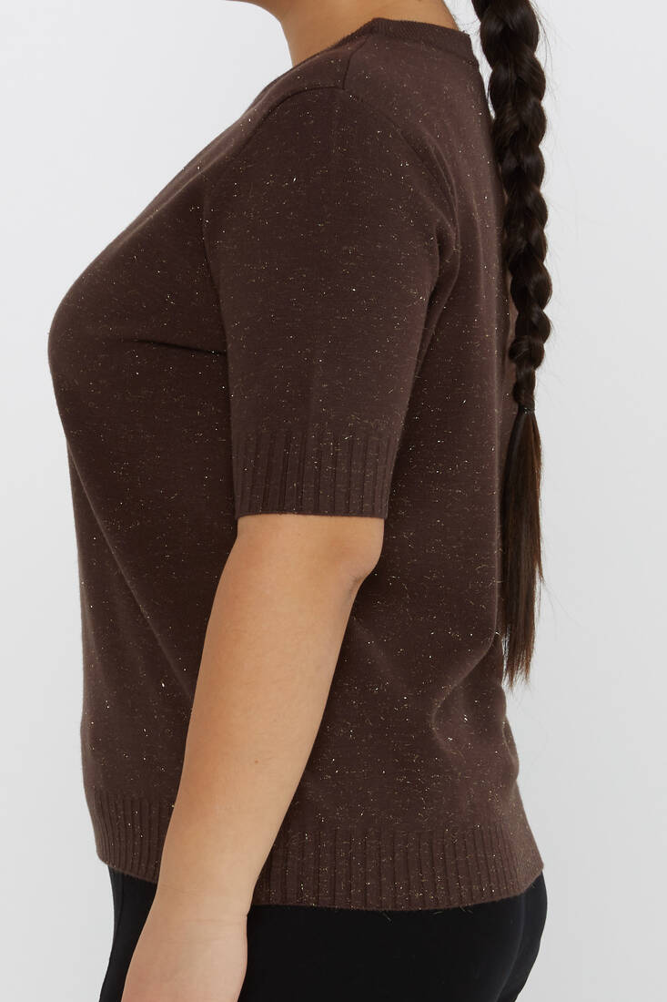 Women's Knitwear Glitter Detail Short Sleeve Brown - 31634 | KAZEE