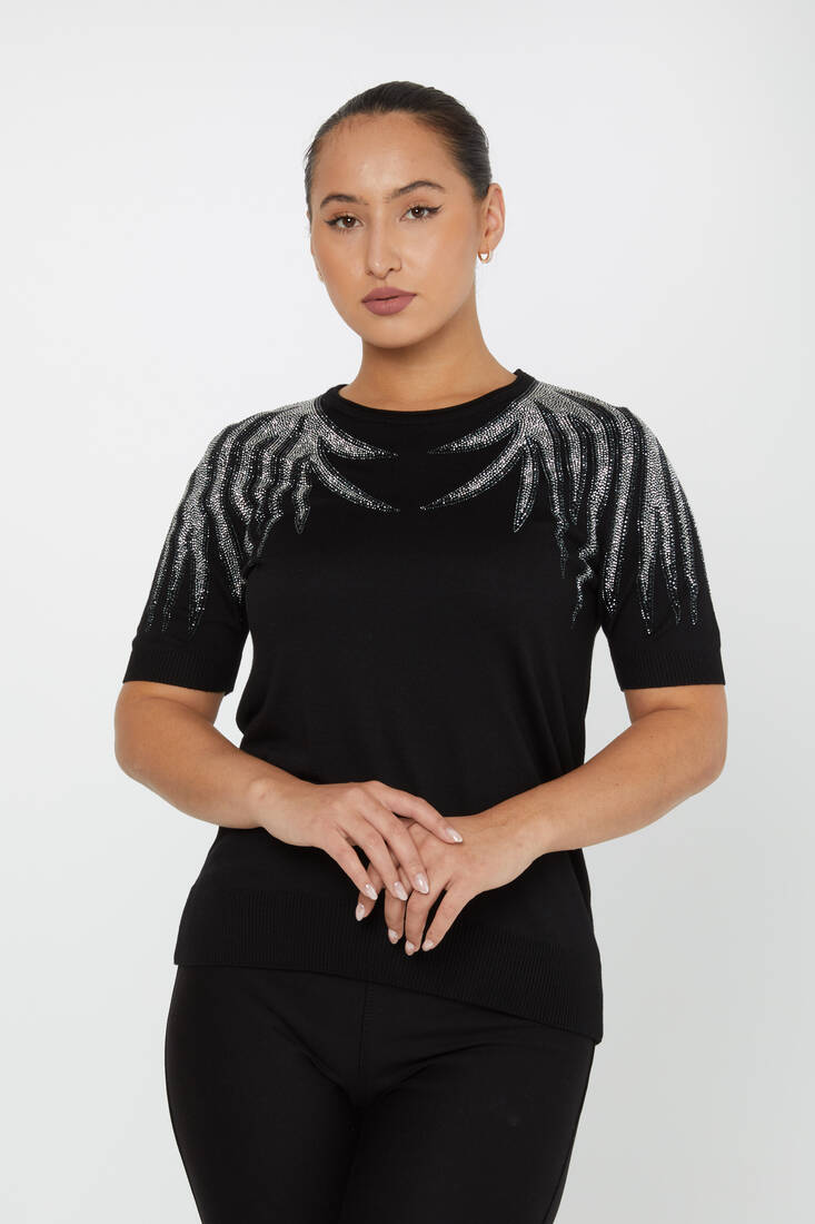 Women's Knitwear Stone Detailed American Model Black-Ecru - 31237 | KAZEE