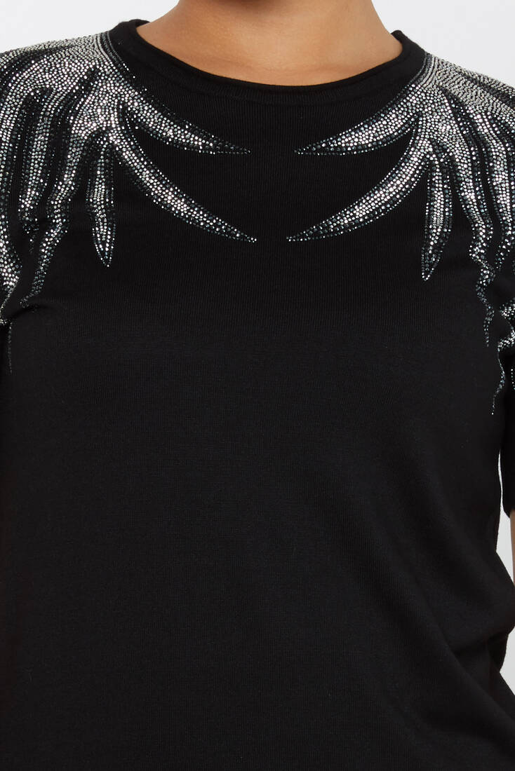 Women's Knitwear Stone Detailed American Model Black-Ecru - 31237 | KAZEE