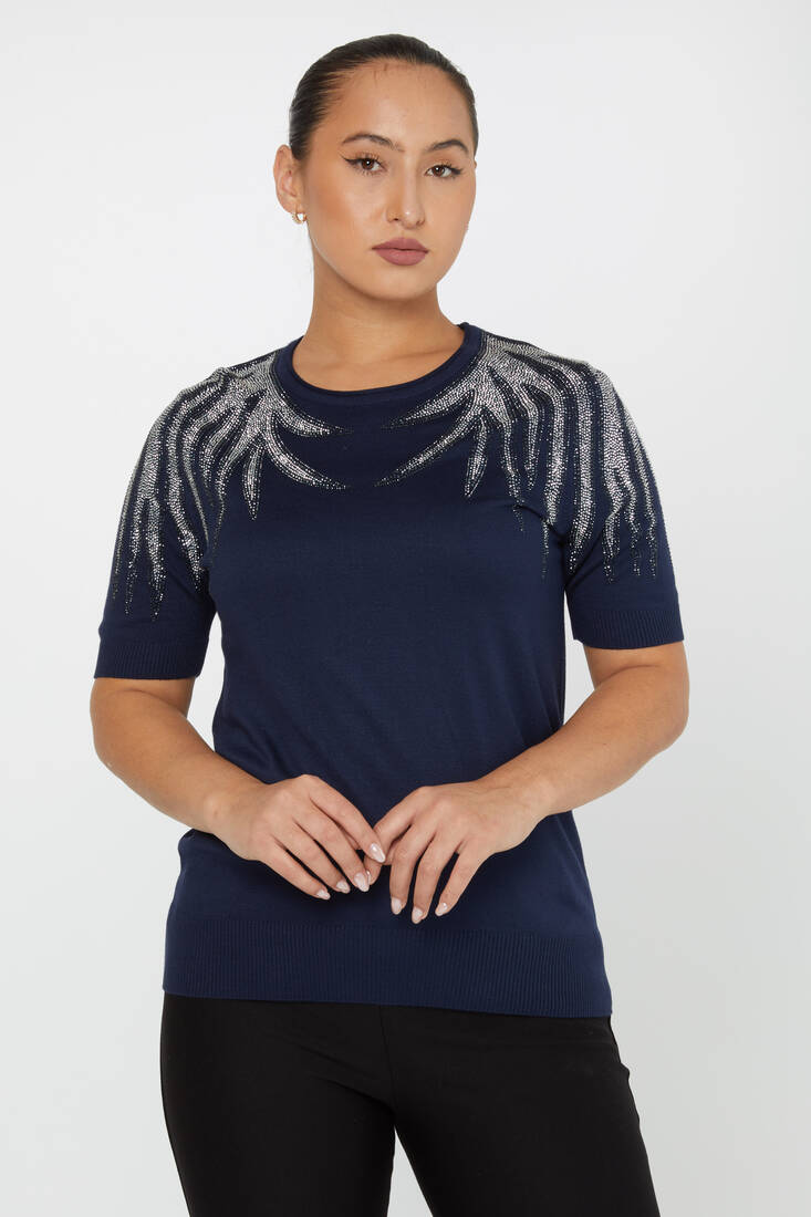 Women's Knitwear Stone Detailed American Model Navy Blue - 31237 | KAZEE