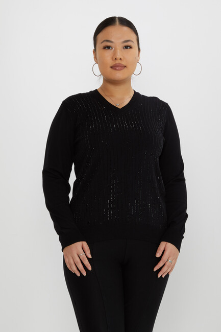 Women's Knitwear Stone Detailed V-Neck Black - 31500 | KAZEE - Thumbnail