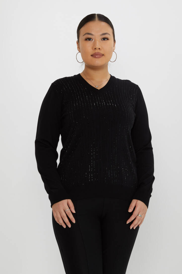 Women's Knitwear Stone Detailed V-Neck Black - 31500 | KAZEE