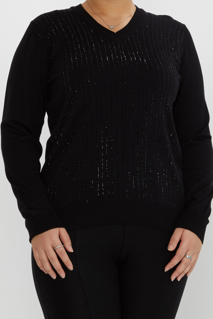 Women's Knitwear Stone Detailed V-Neck Black - 31500 | KAZEE - Thumbnail