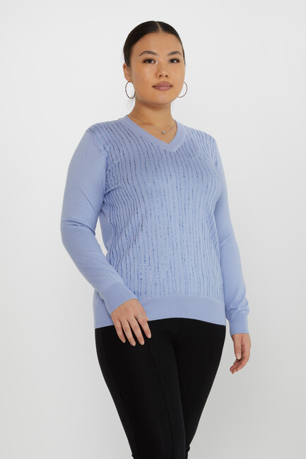 Women's Knitwear Stone Detailed V-Neck Blue - 31500 | KAZEE - Thumbnail