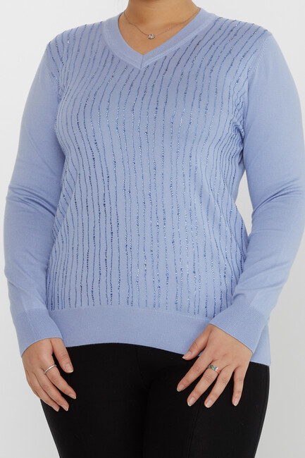 Women's Knitwear Stone Detailed V-Neck Blue - 31500 | KAZEE - Thumbnail