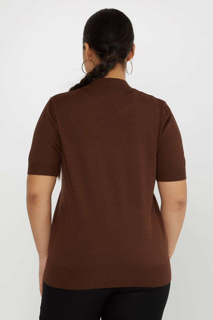 Women's Knitwear Stone Detailed Stand Collar Brown - 31552 | KAZEE