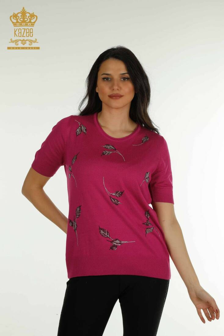 Women's Knitwear Stone Detailed Crew Neck Fuchsia - 30649 | KAZEE