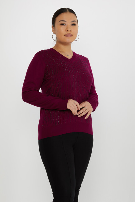 Women's Knitwear Stone Detailed V-Neck Purple - 31500 | KAZEE - Thumbnail