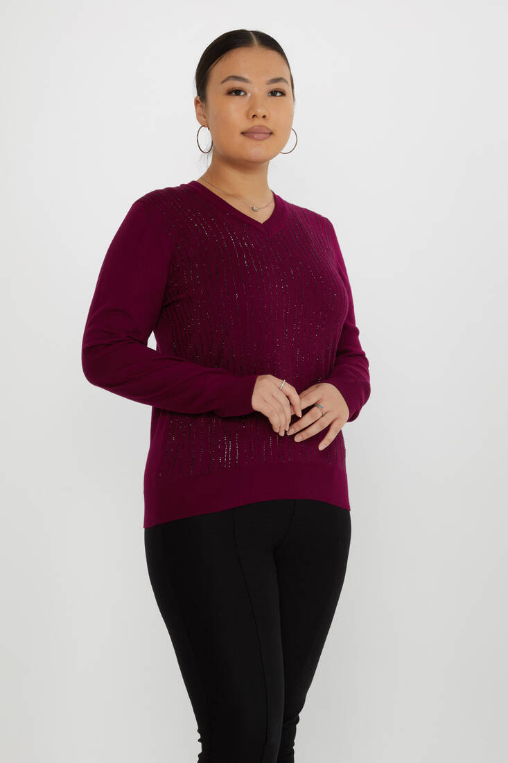 Women's Knitwear Stone Detailed V-Neck Purple - 31500 | KAZEE