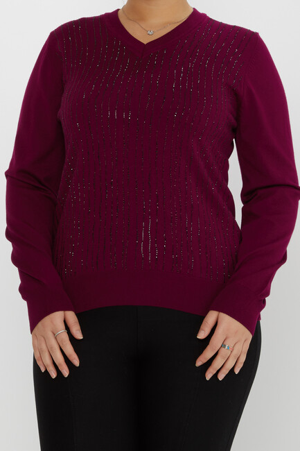 Women's Knitwear Stone Detailed V-Neck Purple - 31500 | KAZEE - Thumbnail