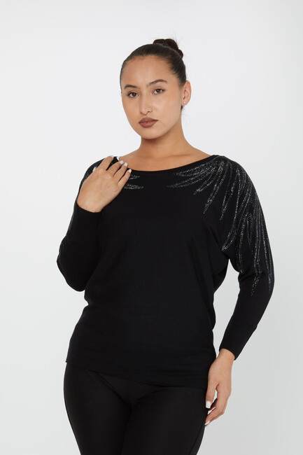 Women's Knitwear Stoned Bat Sleeve Black-Ecru - 30990 | KAZEE - Thumbnail