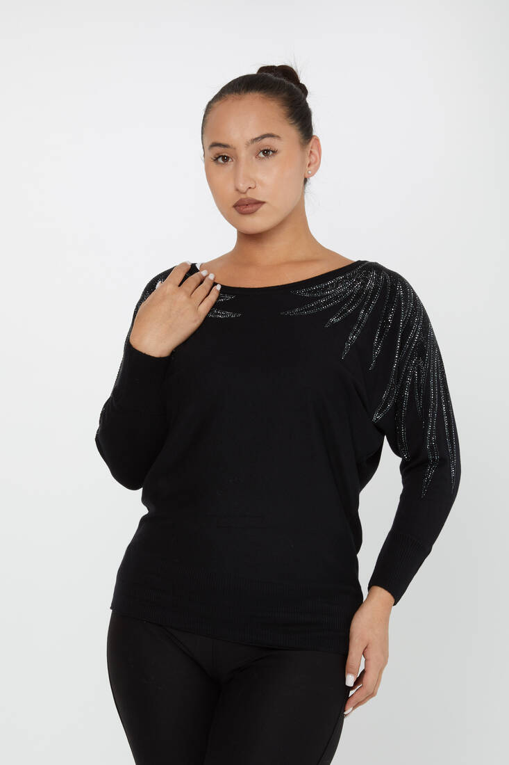 Women's Knitwear Stoned Bat Sleeve Black-Ecru - 30990 | KAZEE