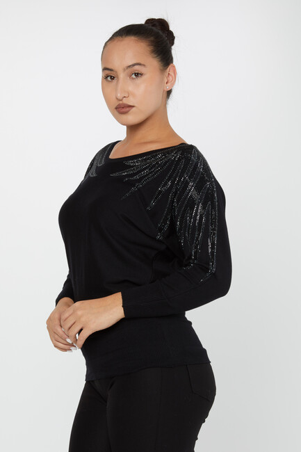 Women's Knitwear Stoned Bat Sleeve Black-Ecru - 30990 | KAZEE - Thumbnail