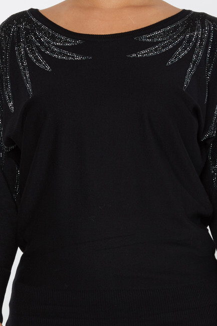 Women's Knitwear Stoned Bat Sleeve Black-Ecru - 30990 | KAZEE - Thumbnail