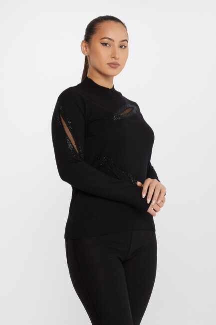 Women's Knitwear Stone Tulle Detail Black - 30090 | KAZEE - Thumbnail