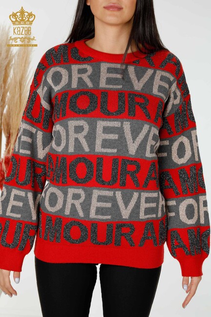 Women's Knitwear Text Detailed Red - 30022 | KAZEE - Thumbnail