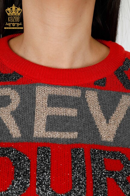 Women's Knitwear Text Detailed Red - 30022 | KAZEE - Thumbnail