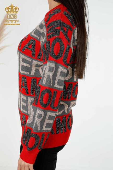 Women's Knitwear Text Detailed Red - 30022 | KAZEE - Thumbnail