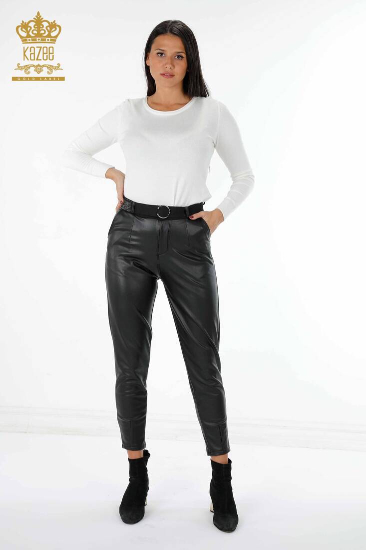 Women's Leather Pants With Belt Black - 3375 | KAZEE