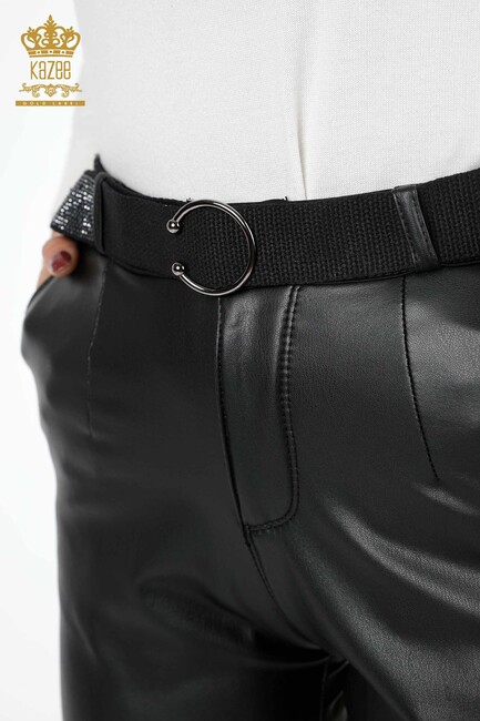 Women's Leather Pants With Belt Black - 3375 | KAZEE - Thumbnail