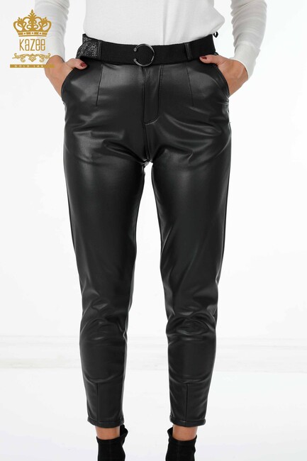 Women's Leather Pants With Belt Black - 3375 | KAZEE - Thumbnail