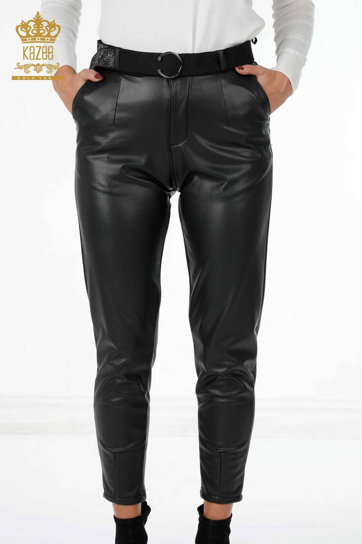 Women's Leather Pants With Belt Black - 3375 | KAZEE