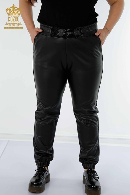 Women's Leather Pants Pocket Detailed Black - 3670 | KAZEE - Thumbnail