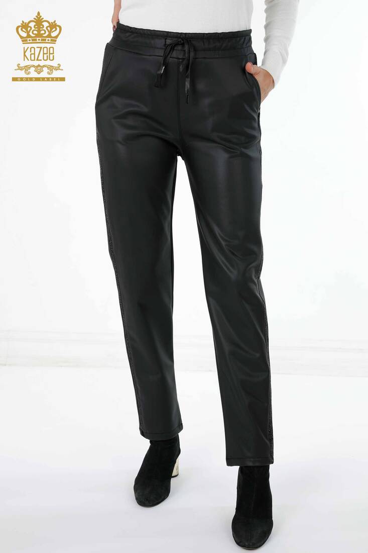 Women's Leather Trousers Black - 3645 | KAZEE