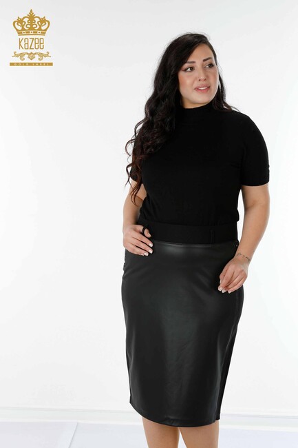 Women's Leather Skirt With Buttons Black - 4220 | KAZEE - Thumbnail