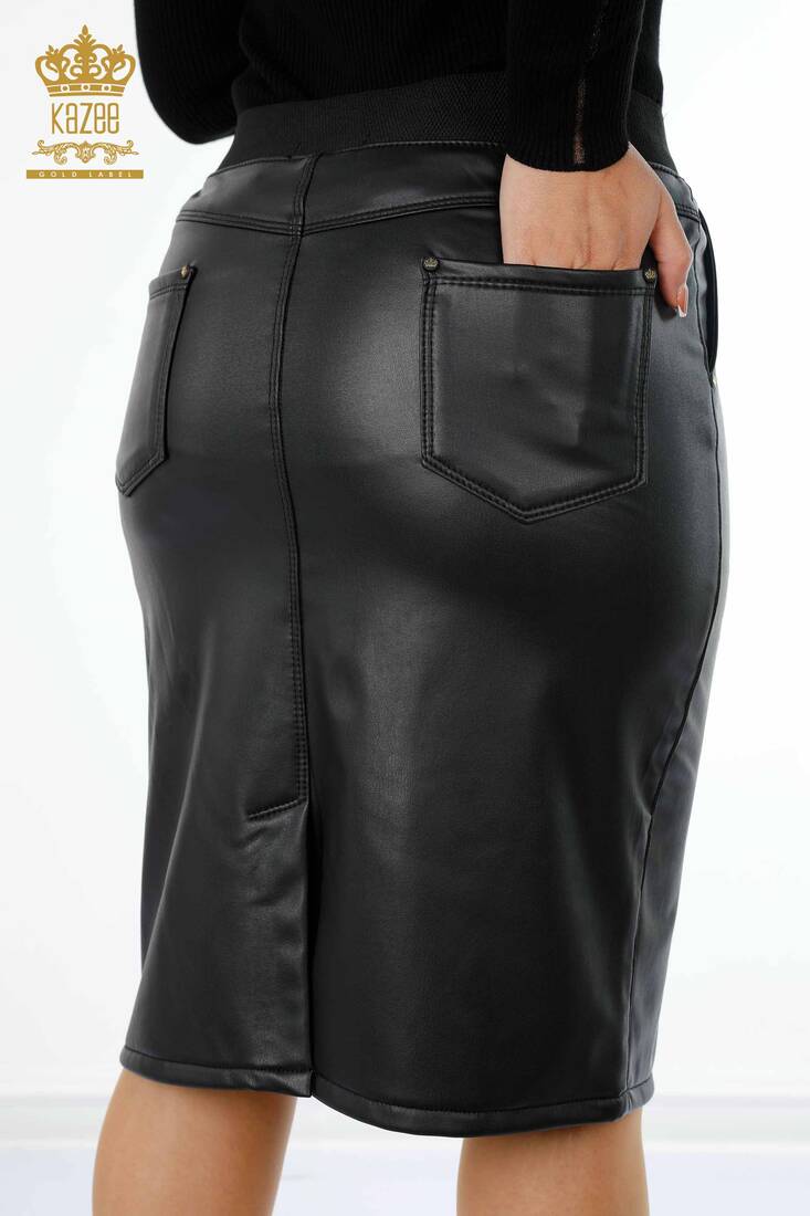 Women's Leather Skirt With Thread Tie Black - 4142 | KAZEE