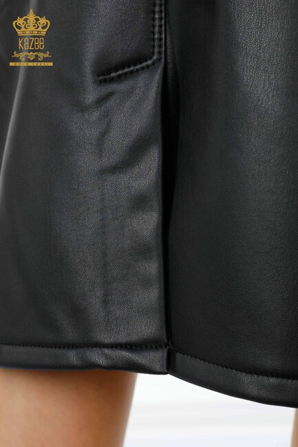 Women's Leather Skirt With Thread Tie Black - 4142 | KAZEE - Thumbnail