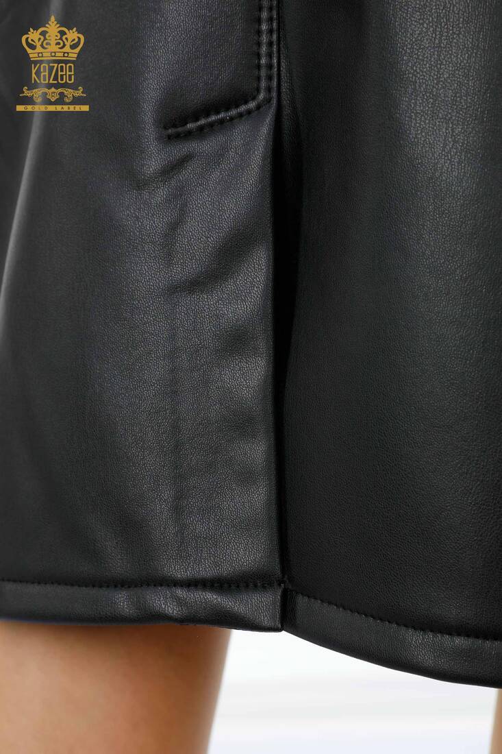 Women's Leather Skirt With Thread Tie Black - 4142 | KAZEE