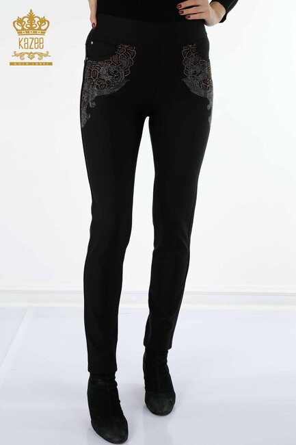 Women's Leggings Trousers Colored Stone Embroidered Black - 3610 | KAZEE - Thumbnail