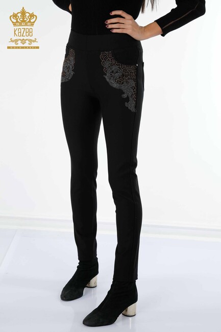 Women's Leggings Trousers Colored Stone Embroidered Black - 3610 | KAZEE - Thumbnail