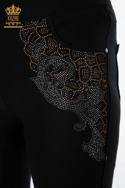 Women's Leggings Trousers Colored Stone Embroidered Black - 3610 | KAZEE - Thumbnail