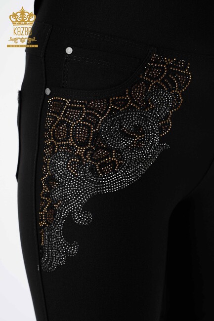 Women's Leggings Trousers Colored Stone Embroidered Black - 3610 | KAZEE - Thumbnail