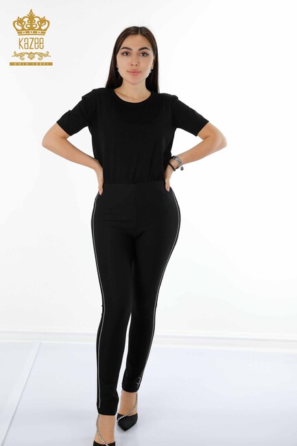 Women's Leggings Trousers Colored Stripe Stone Embroidered Black - 3330 | KAZEE - Thumbnail