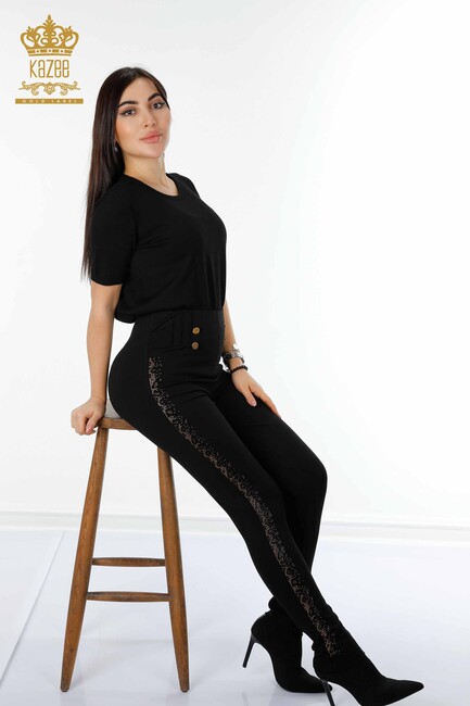 Women's Leggings Trousers Colored Stripe Stone Embroidered Black - 3426 | KAZEE - Thumbnail