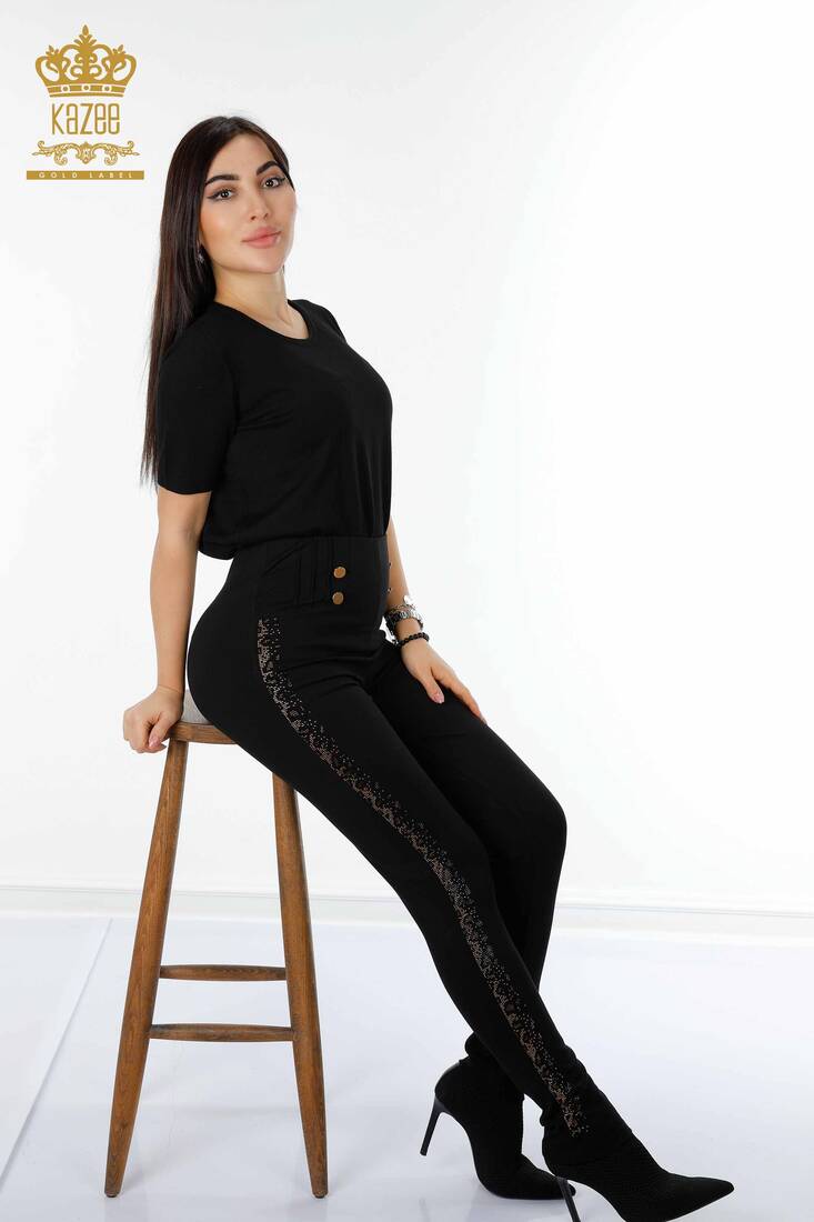 Women's Leggings Trousers Colored Stripe Stone Embroidered Black - 3426 | KAZEE