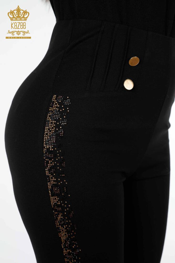 Women's Leggings Trousers Colored Stripe Stone Embroidered Black - 3426 | KAZEE