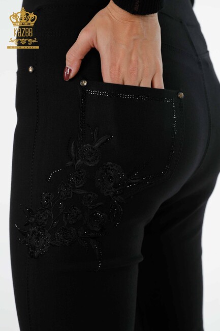 Women's Leggings Trousers Black With Floral Embroidery - 3635 | KAZEE - Thumbnail