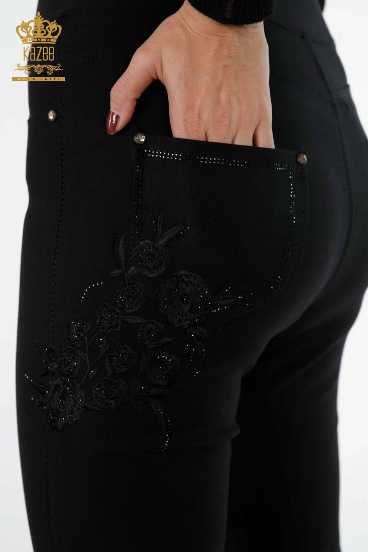 Women's Leggings Trousers Black With Floral Embroidery - 3635 | KAZEE