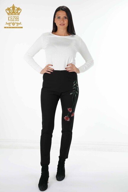 Women's Leggings Trousers Floral Pattern Black - 3430 | KAZEE - Thumbnail