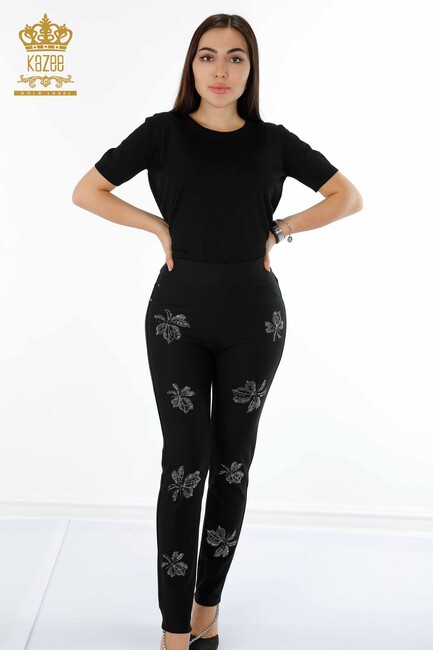 Women's Leggings Trousers Leaf Stone Embroidered Black - 3562 | KAZEE - Thumbnail