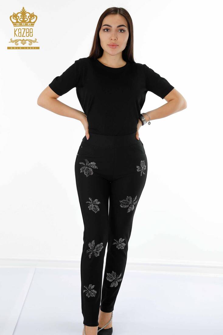 Women's Leggings Trousers Leaf Stone Embroidered Black - 3562 | KAZEE