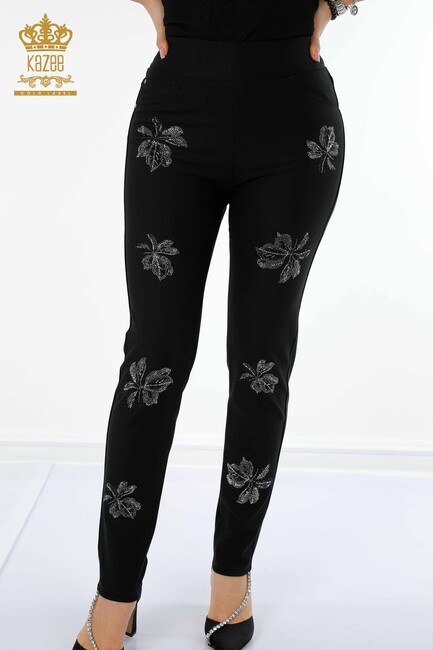 Women's Leggings Trousers Leaf Stone Embroidered Black - 3562 | KAZEE - Thumbnail