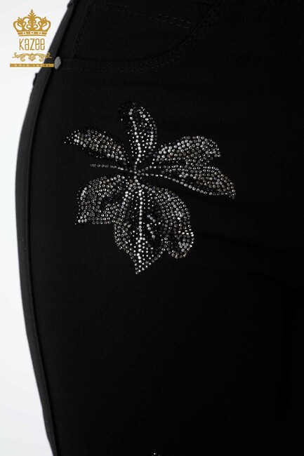 Women's Leggings Trousers Leaf Stone Embroidered Black - 3562 | KAZEE - Thumbnail