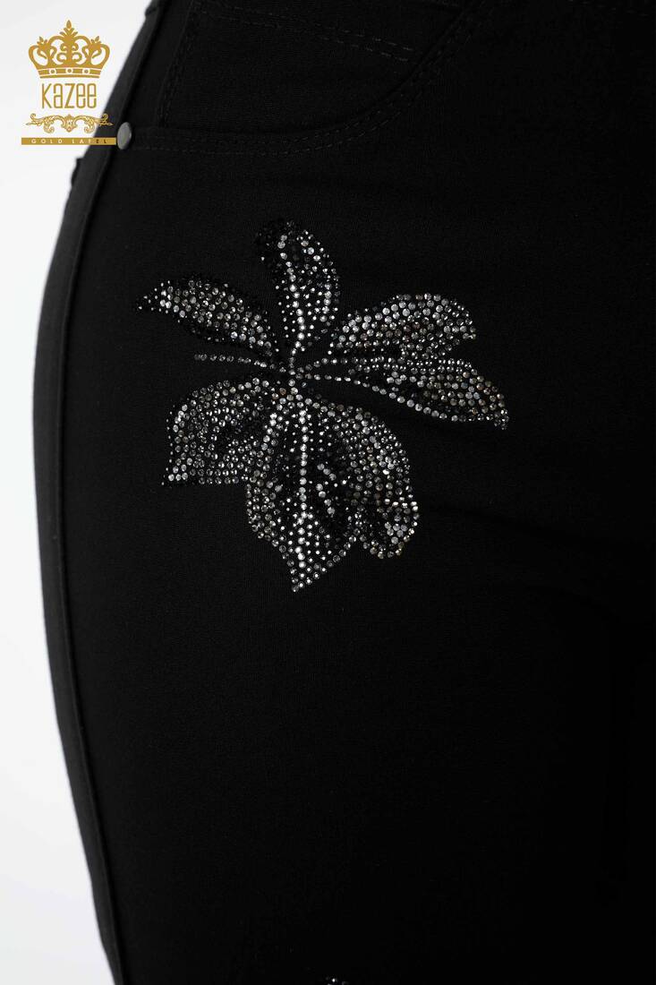 Women's Leggings Trousers Leaf Stone Embroidered Black - 3562 | KAZEE