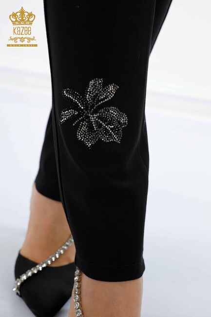 Women's Leggings Trousers Leaf Stone Embroidered Black - 3562 | KAZEE - Thumbnail